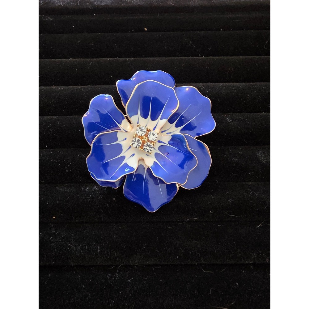 Vintage Style Blue Enamel Flower Brooch Gold Tone Rhinestone Floral Pin 2.25"
